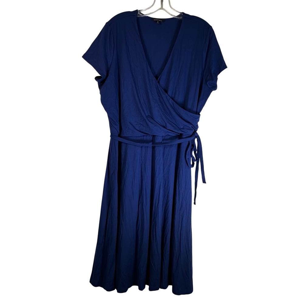 Lands End Womens XL 18 Royal Blue V-Neck Wrap Midi Dress Short Sleeve Jersey